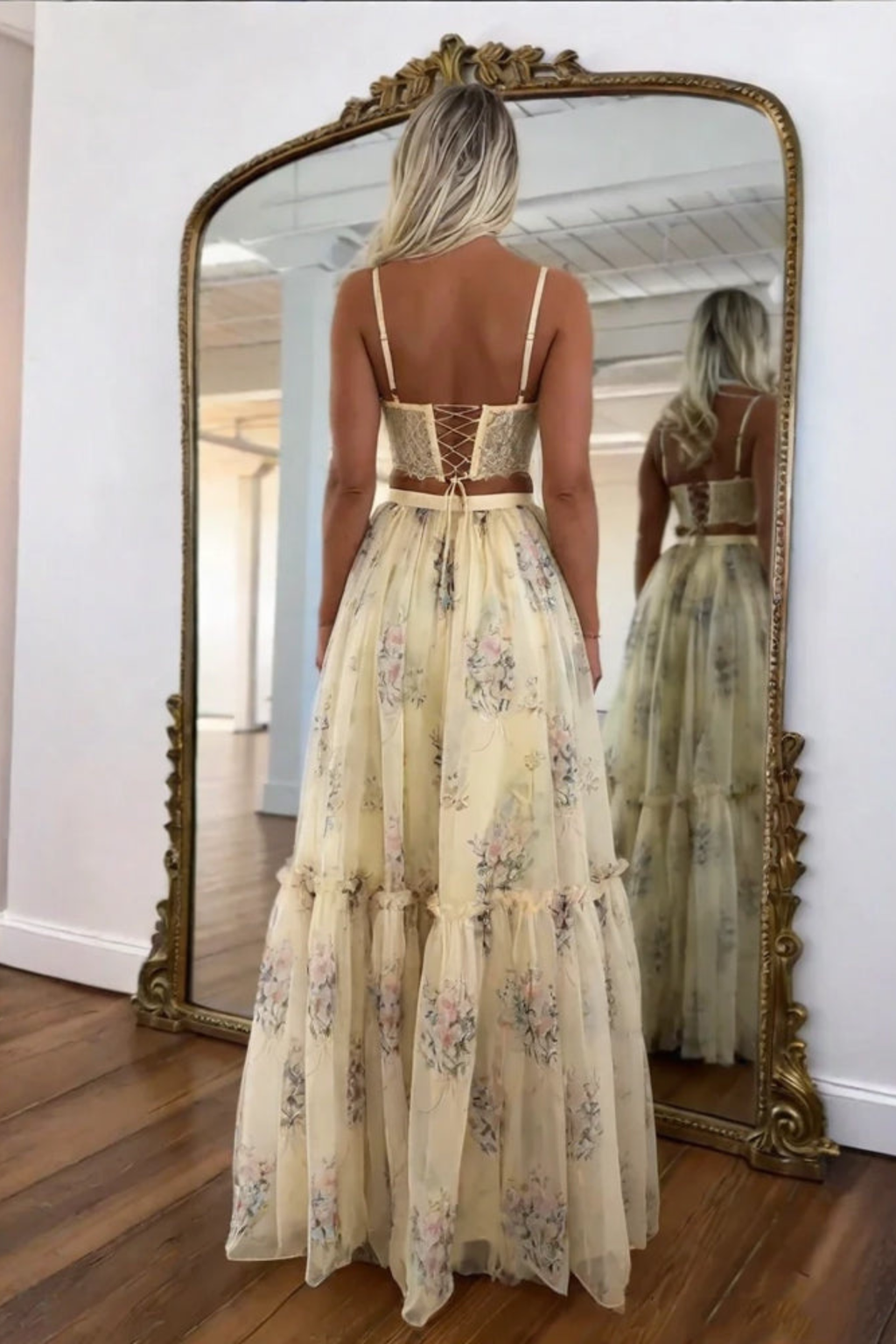 Pale Yellow Floral Skirt Set