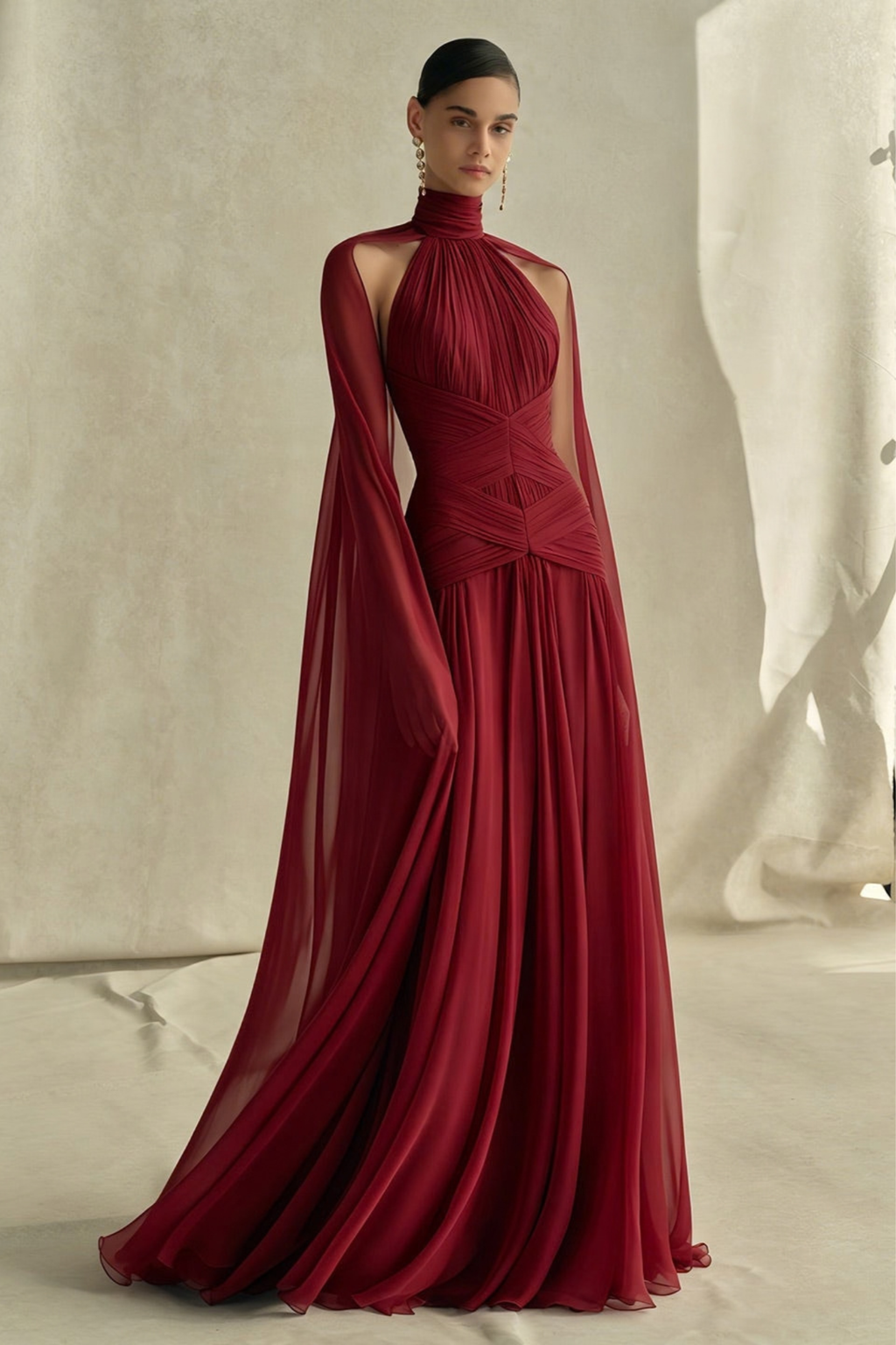 Pleated Cape Trail Evening Gown Dress