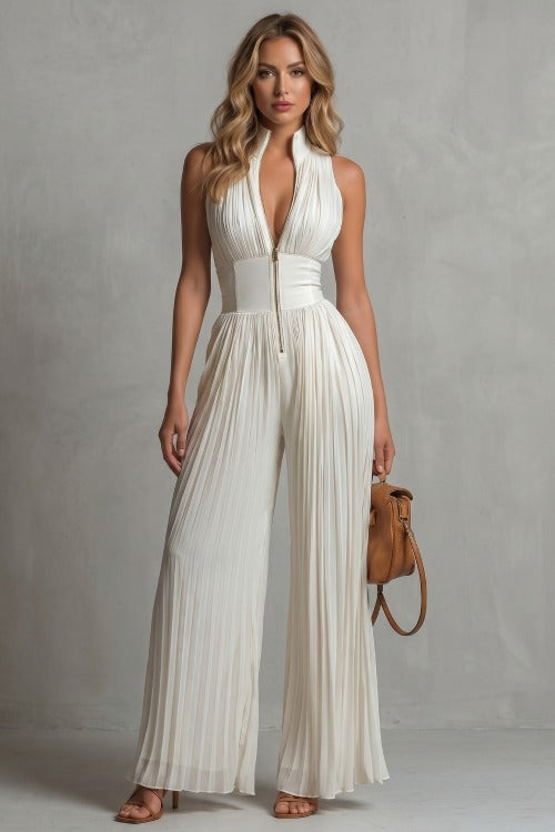 Pleated Halter Wide Leg Jumpsuit