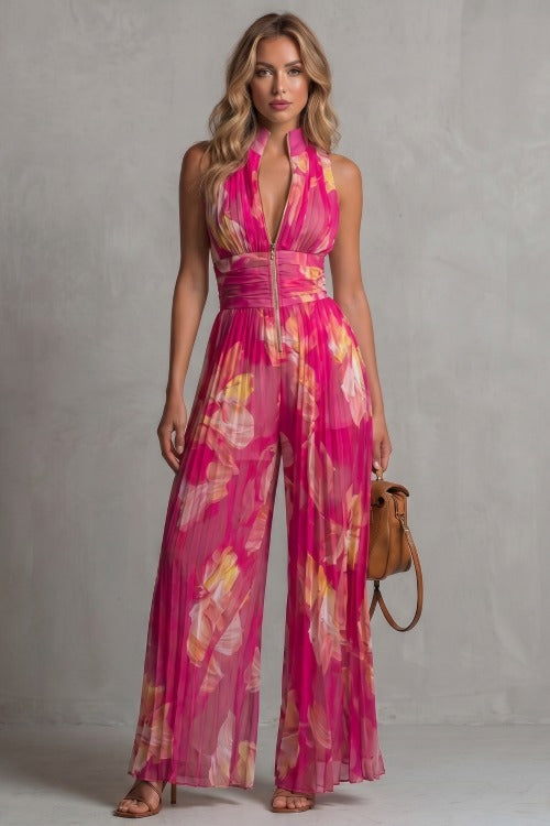 Pleated Halter Wide Leg Jumpsuit