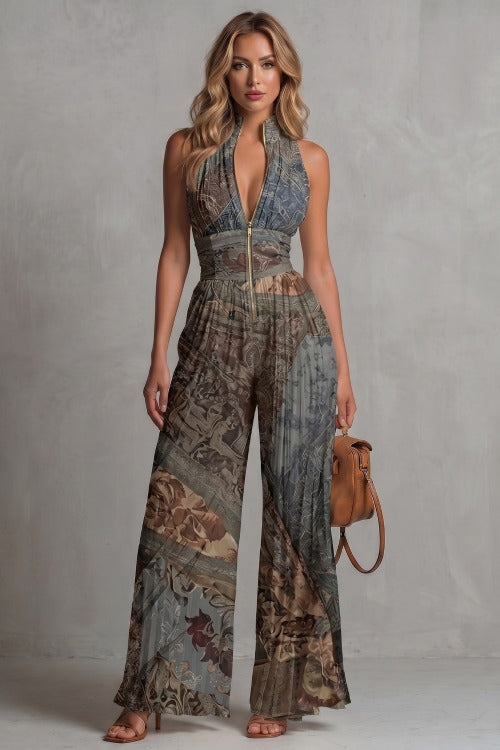 Pleated Halter Wide Leg Jumpsuit