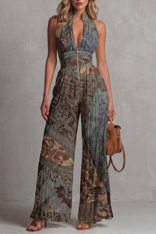 Pleated Halter Wide Leg Jumpsuit
