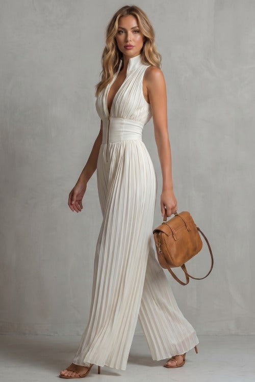 Pleated Halter Wide Leg Jumpsuit