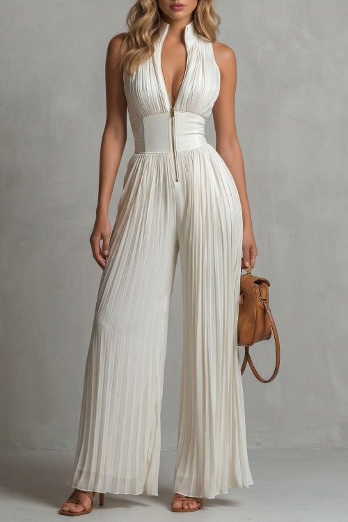 Pleated Halter Wide Leg Jumpsuit