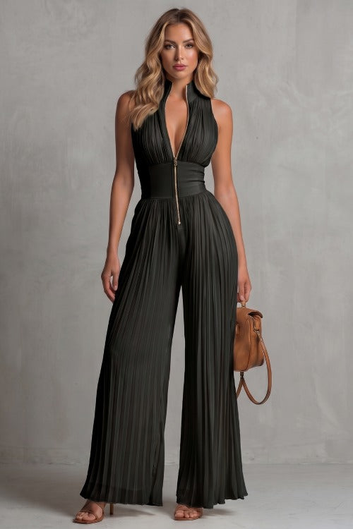 Pleated Halter Wide Leg Jumpsuit