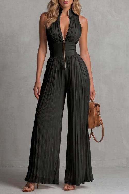 Pleated Halter Wide Leg Jumpsuit