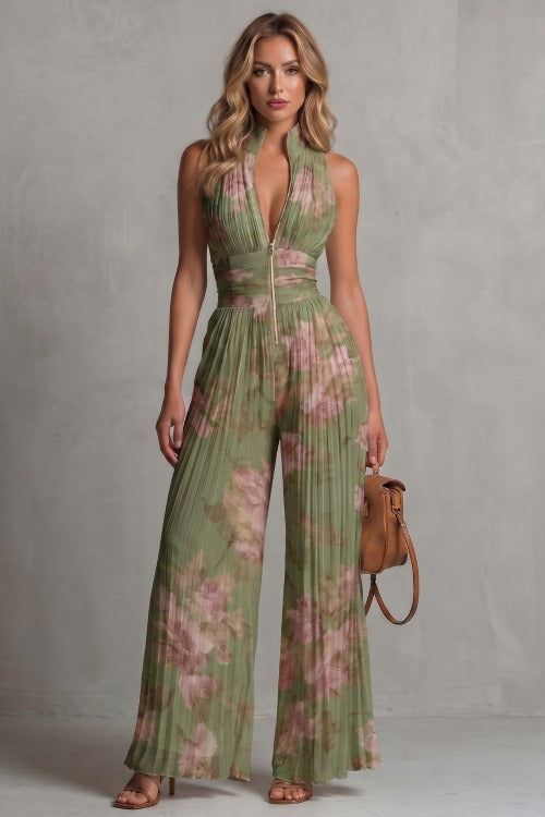 Pleated Halter Wide Leg Jumpsuit