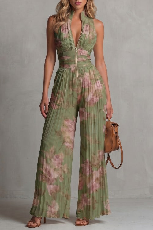 Pleated Halter Wide Leg Jumpsuit