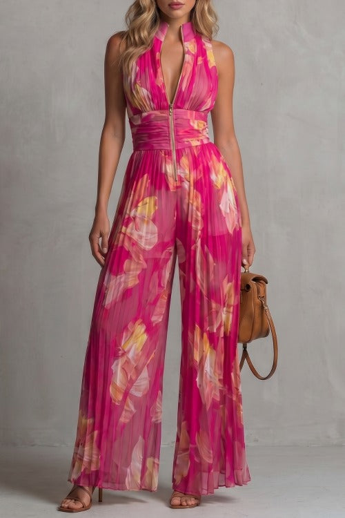 Pleated Halter Wide Leg Jumpsuit