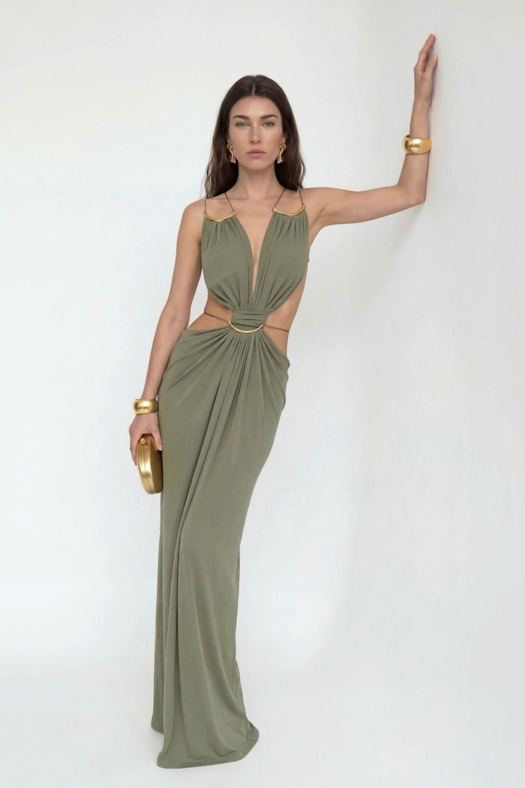 Plunge Cutout Evening Maxi Dress