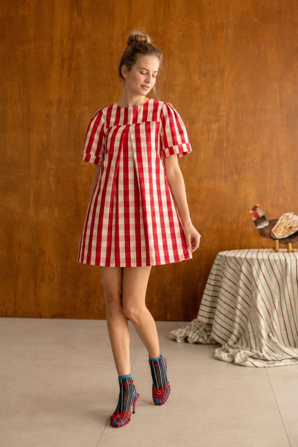 Red Gingham Pleated Mini Dress