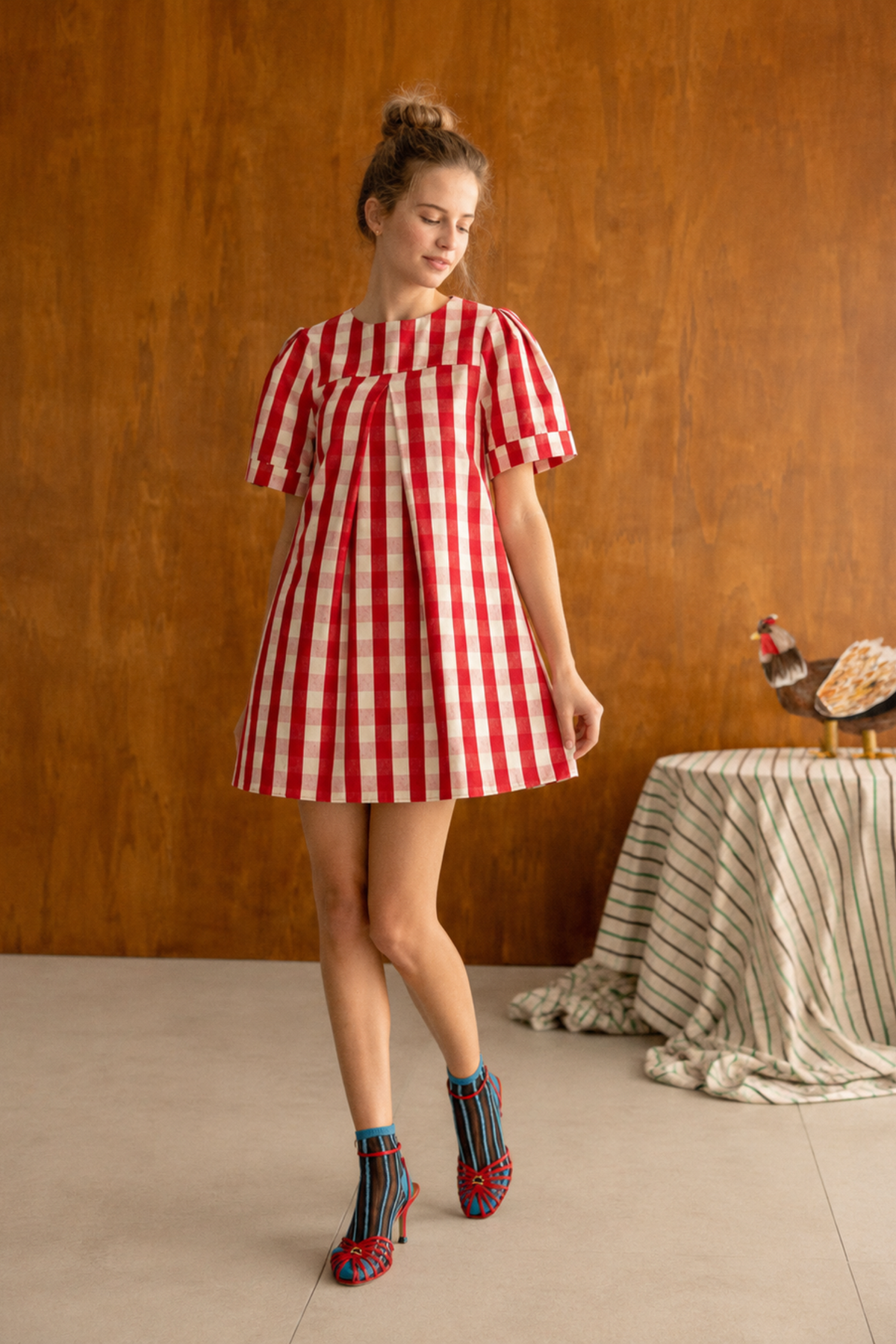 Red Gingham Pleated Mini Dress