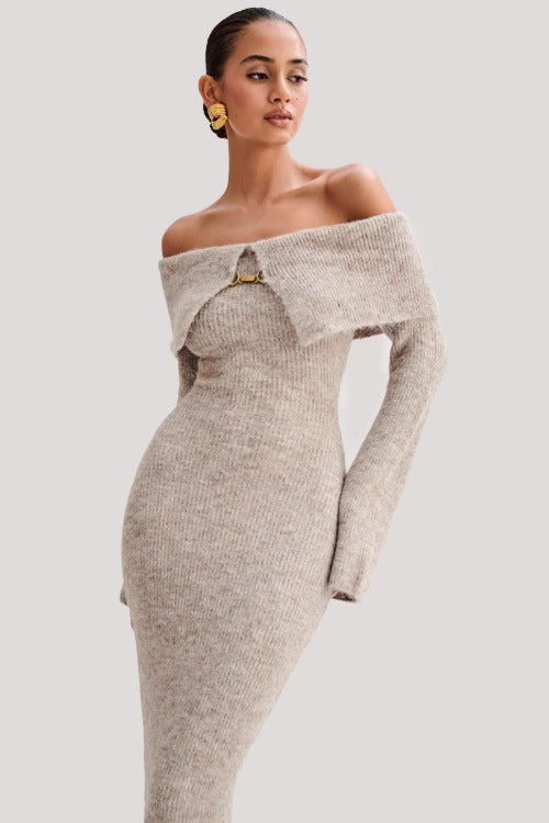 Ribbed Off Shoulder Clasp Maxi Dress