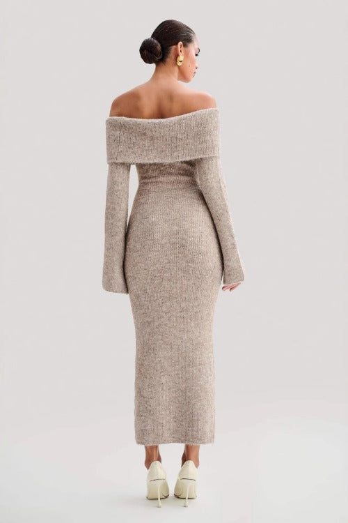 Ribbed Off Shoulder Clasp Maxi Dress