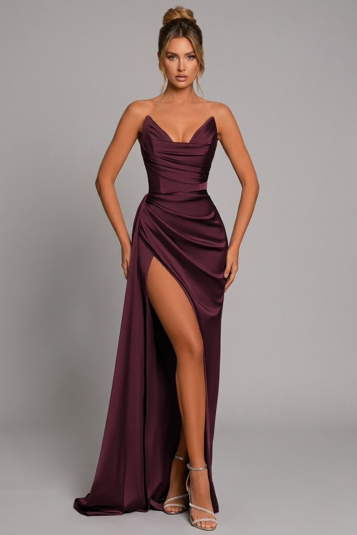 Ruched Sweetheart Split Maxi Dress
