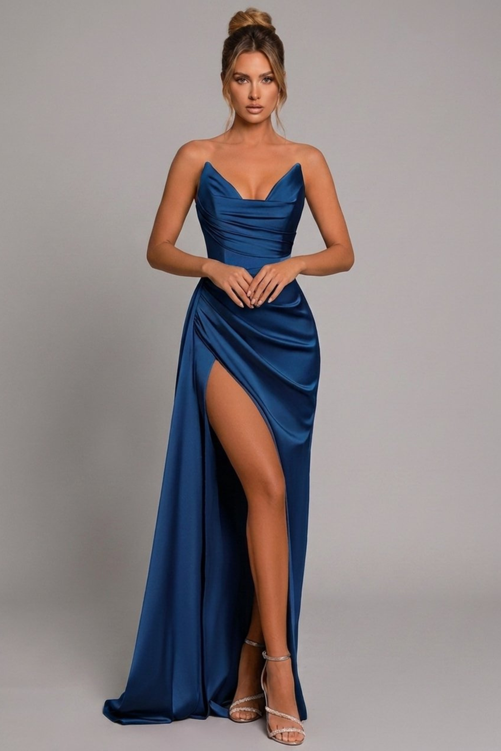 Ruched Sweetheart Split Maxi Dress