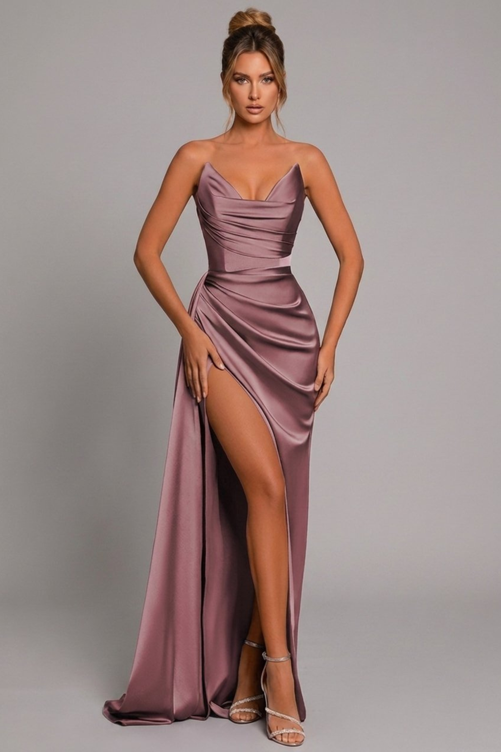 Ruched Sweetheart Split Maxi Dress