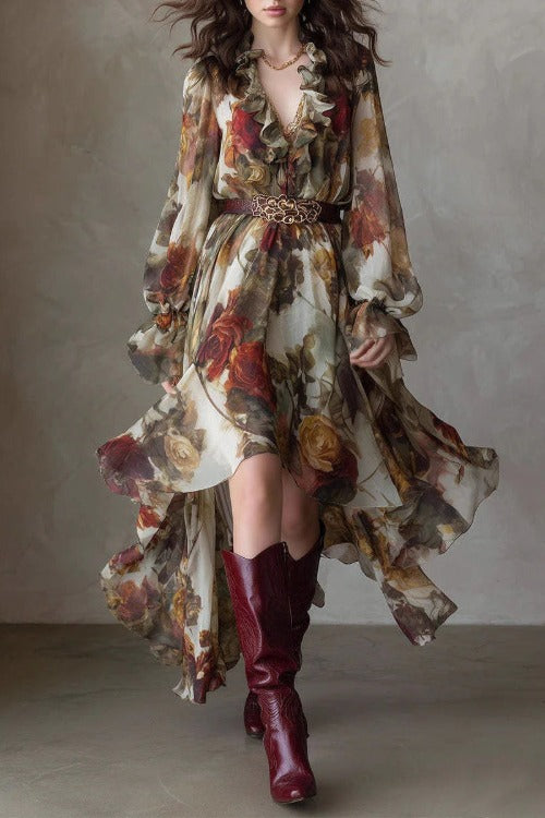 Ruffled Floral High Low Maxi Dress