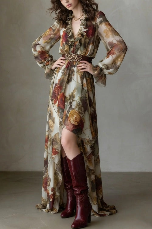 Ruffled Floral High Low Maxi Dress
