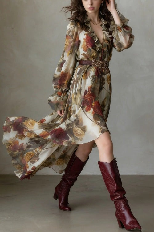 Ruffled Floral High Low Maxi Dress