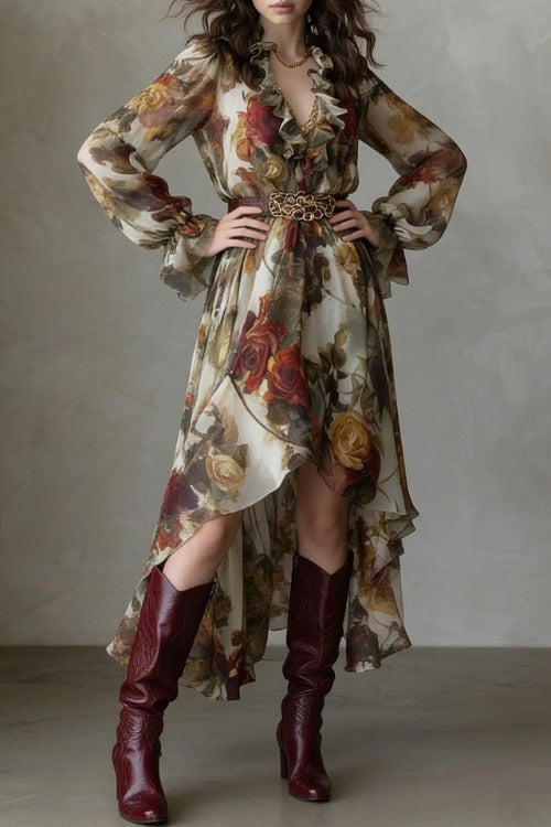 Ruffled Floral High Low Maxi Dress
