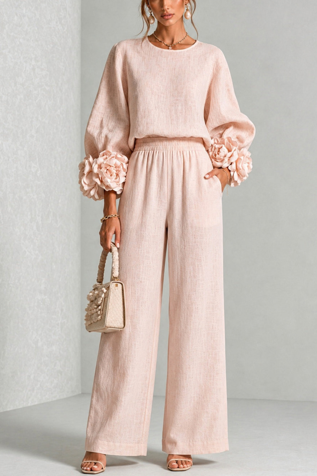 Sculptural Floral Cuff Wide Leg Pants Set