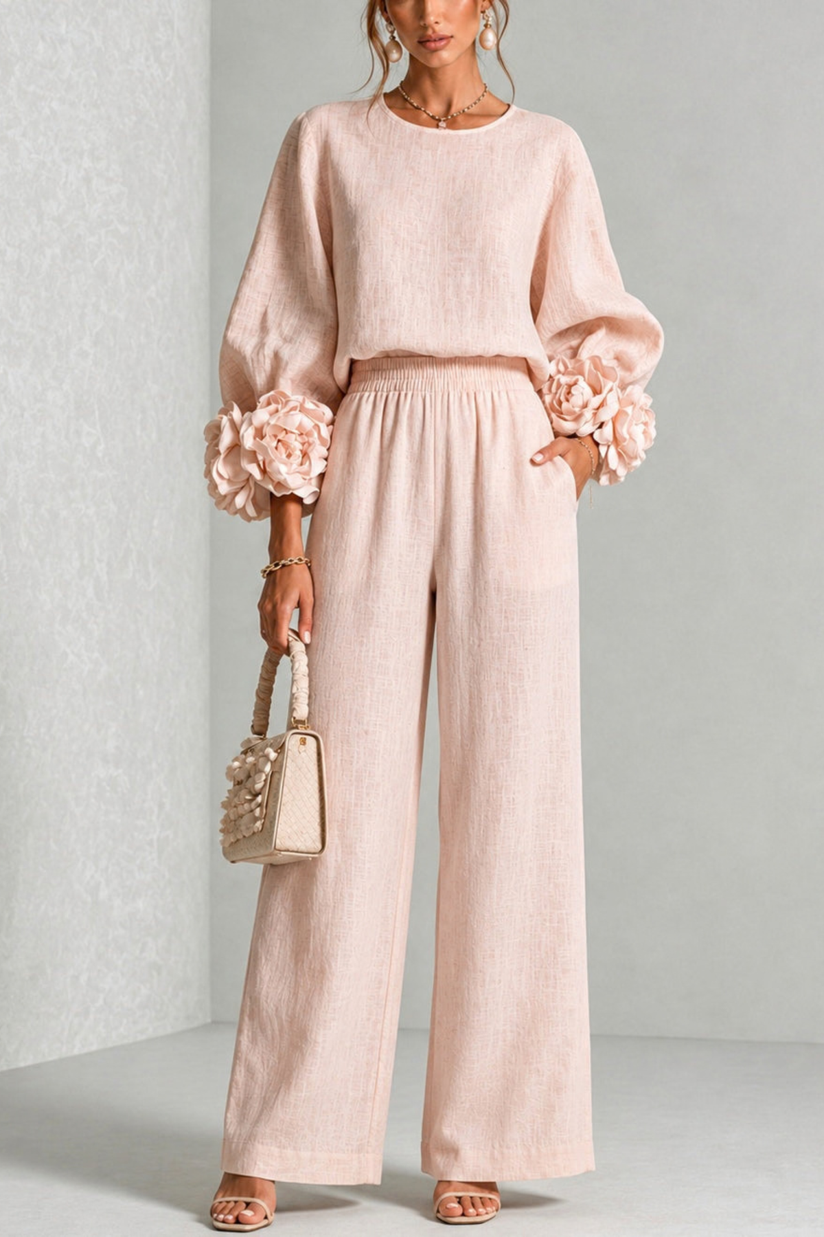 Sculptural Floral Cuff Wide Leg Pants Set