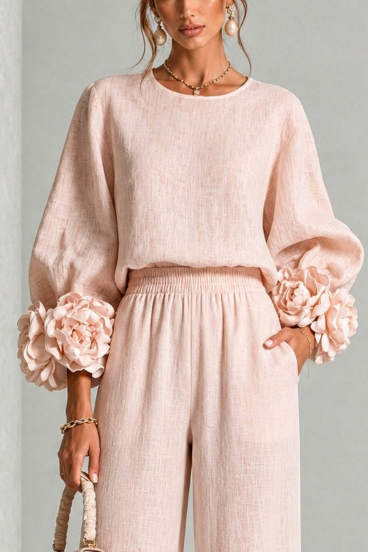 Sculptural Floral Cuff Wide Leg Pants Set
