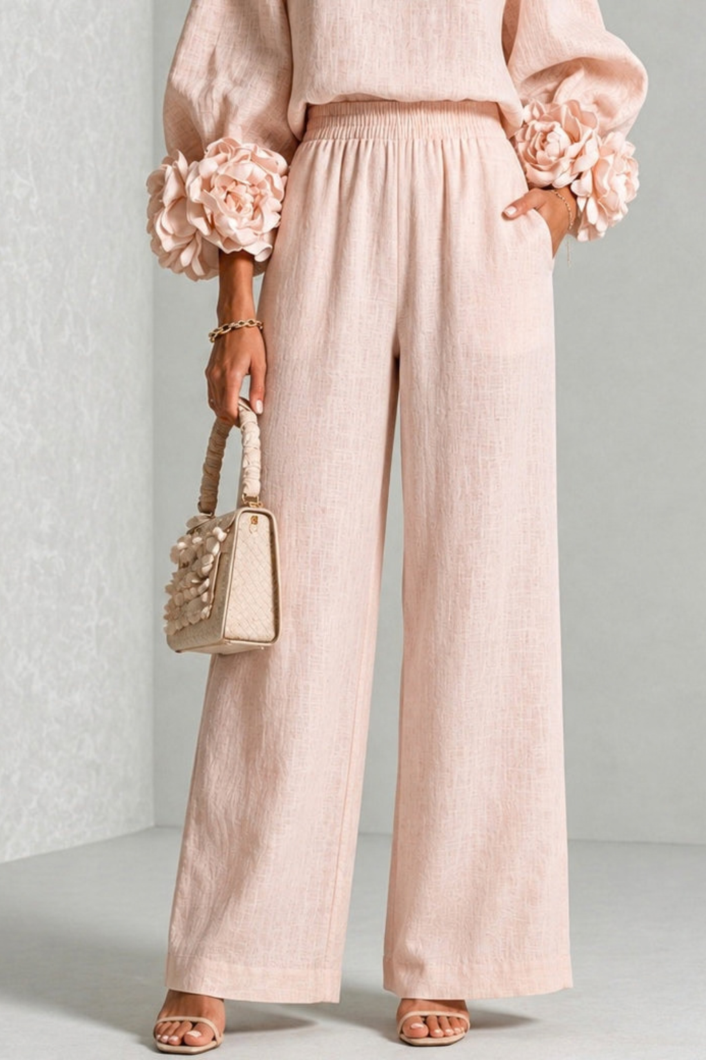 Sculptural Floral Cuff Wide Leg Pants Set