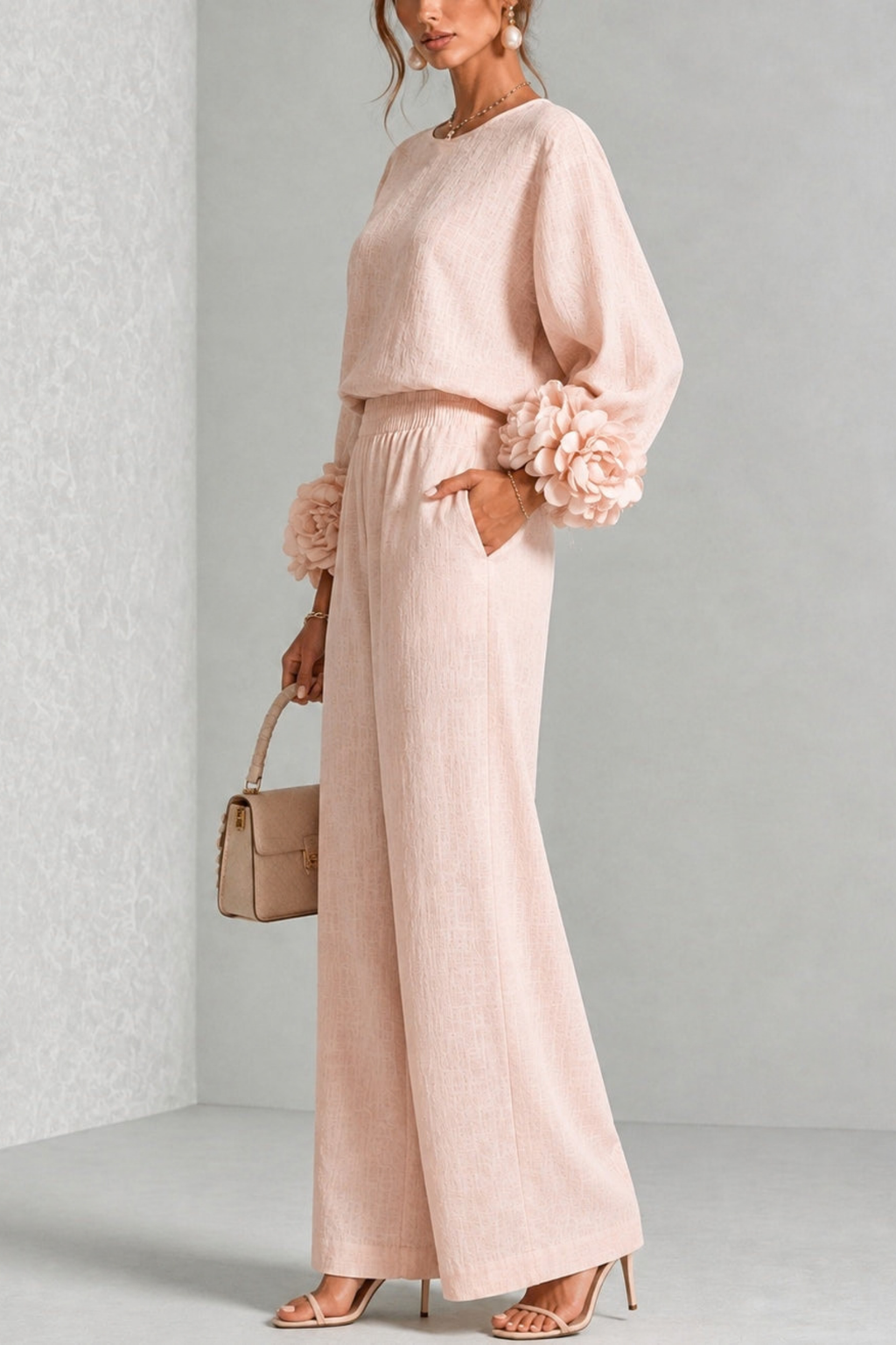 Sculptural Floral Cuff Wide Leg Pants Set