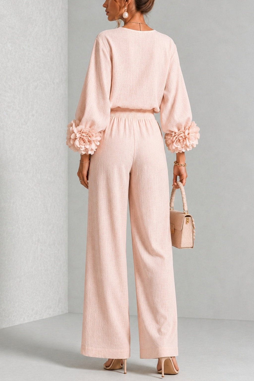 Sculptural Floral Cuff Wide Leg Pants Set