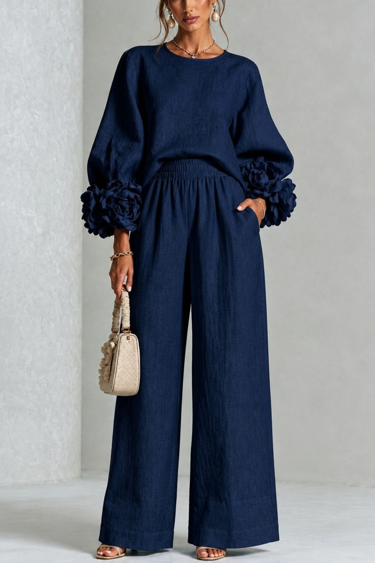 Sculptural Floral Cuff Wide Leg Pants Set
