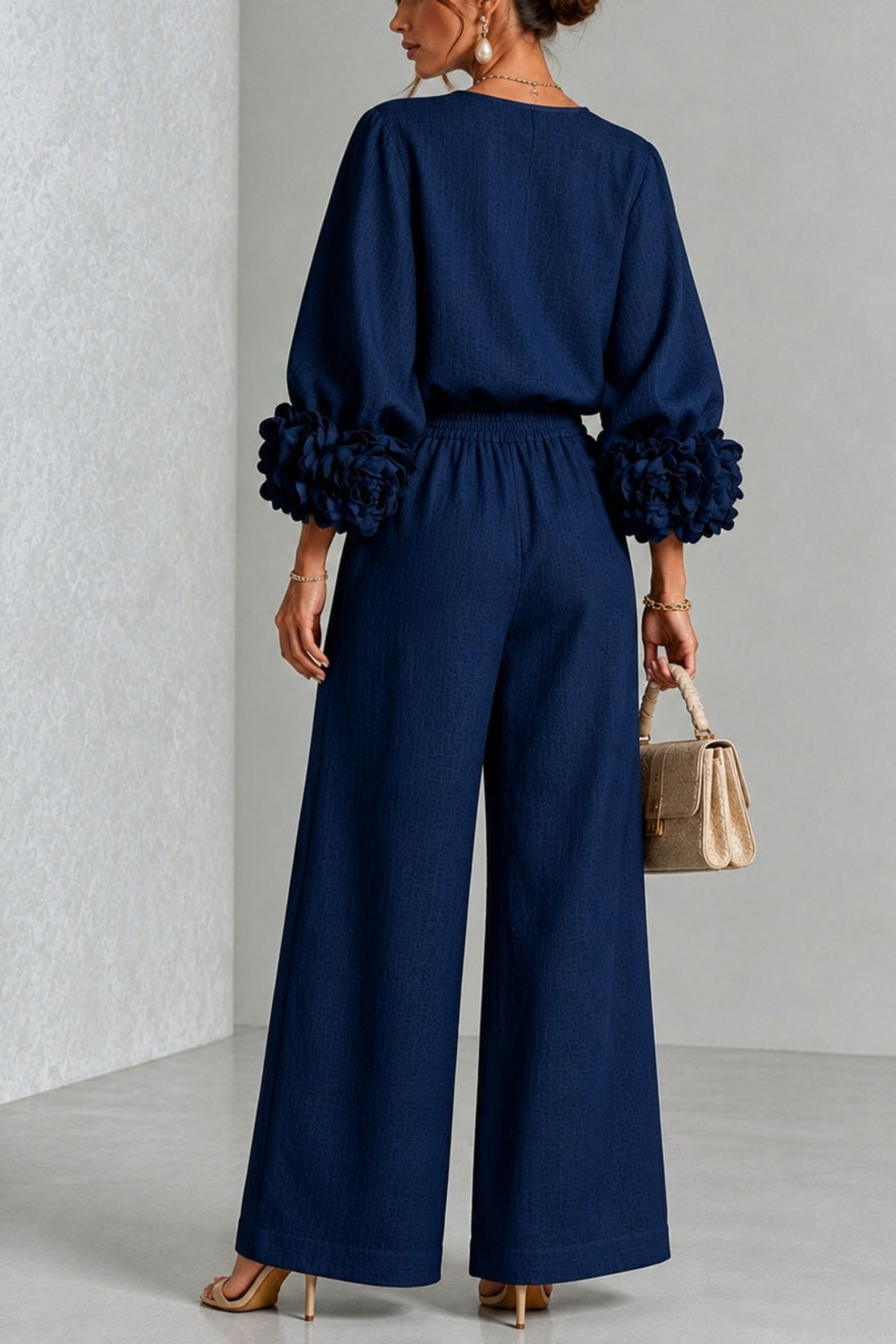 Sculptural Floral Cuff Wide Leg Pants Set