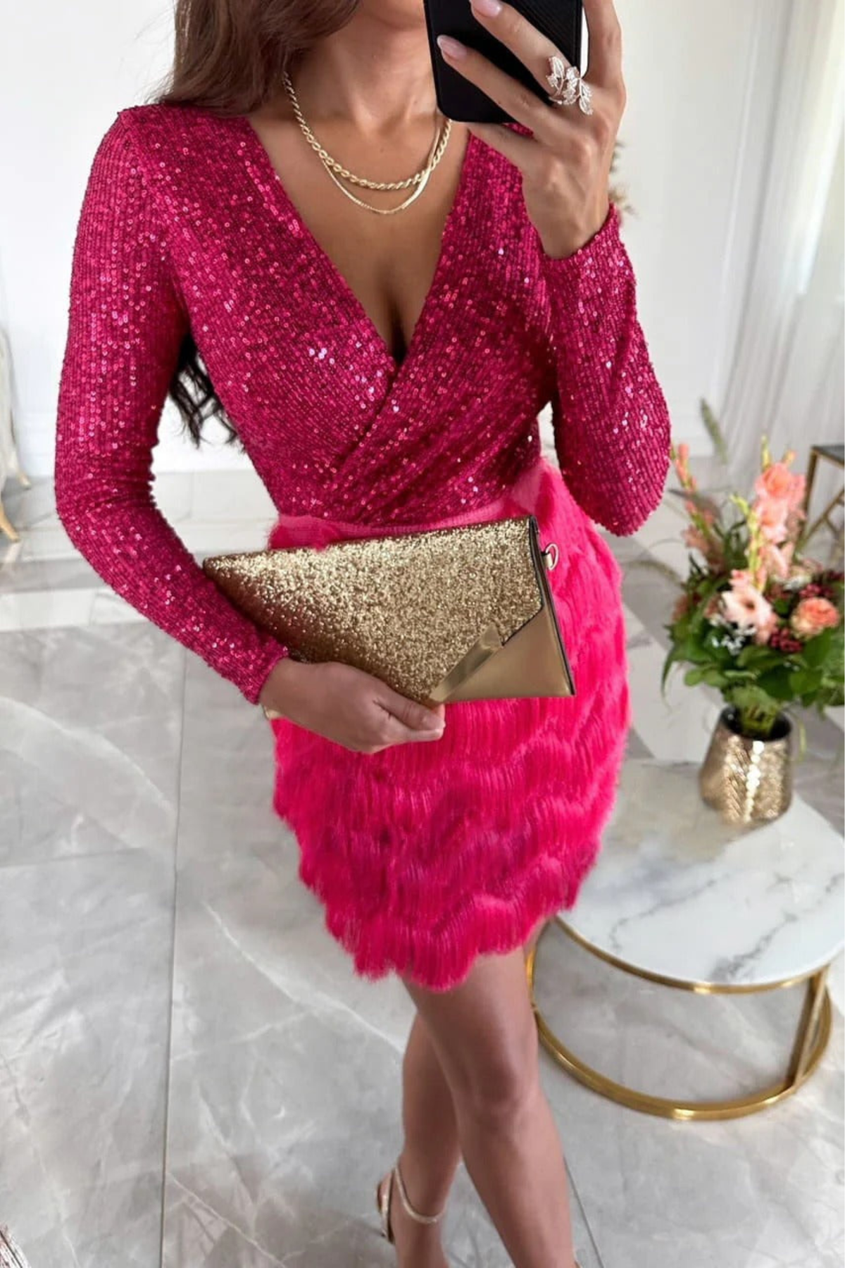 Sequin Patchwork Tiered Fringe Mini Dress