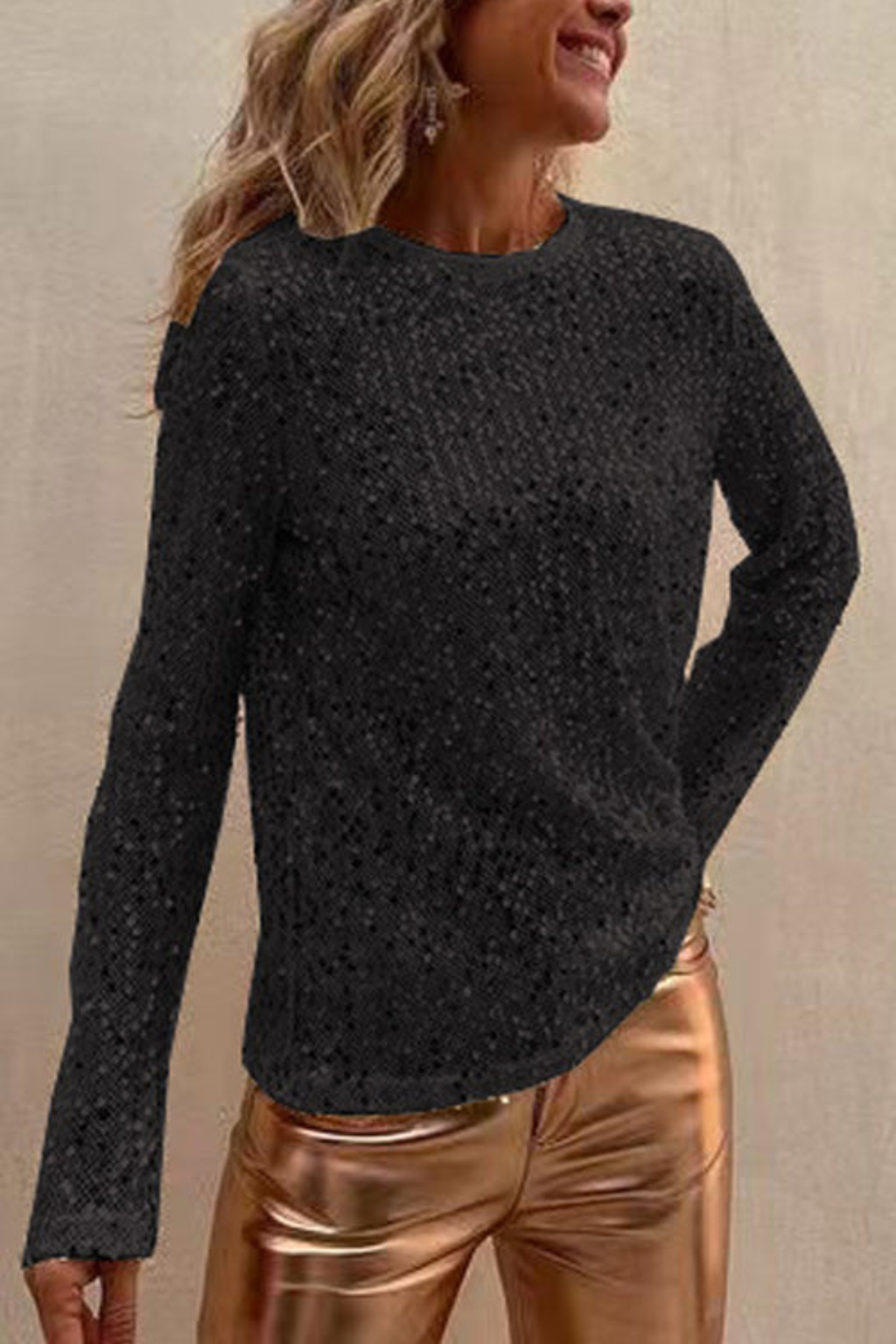 Sequin Round Neck Loose Fit Blouse