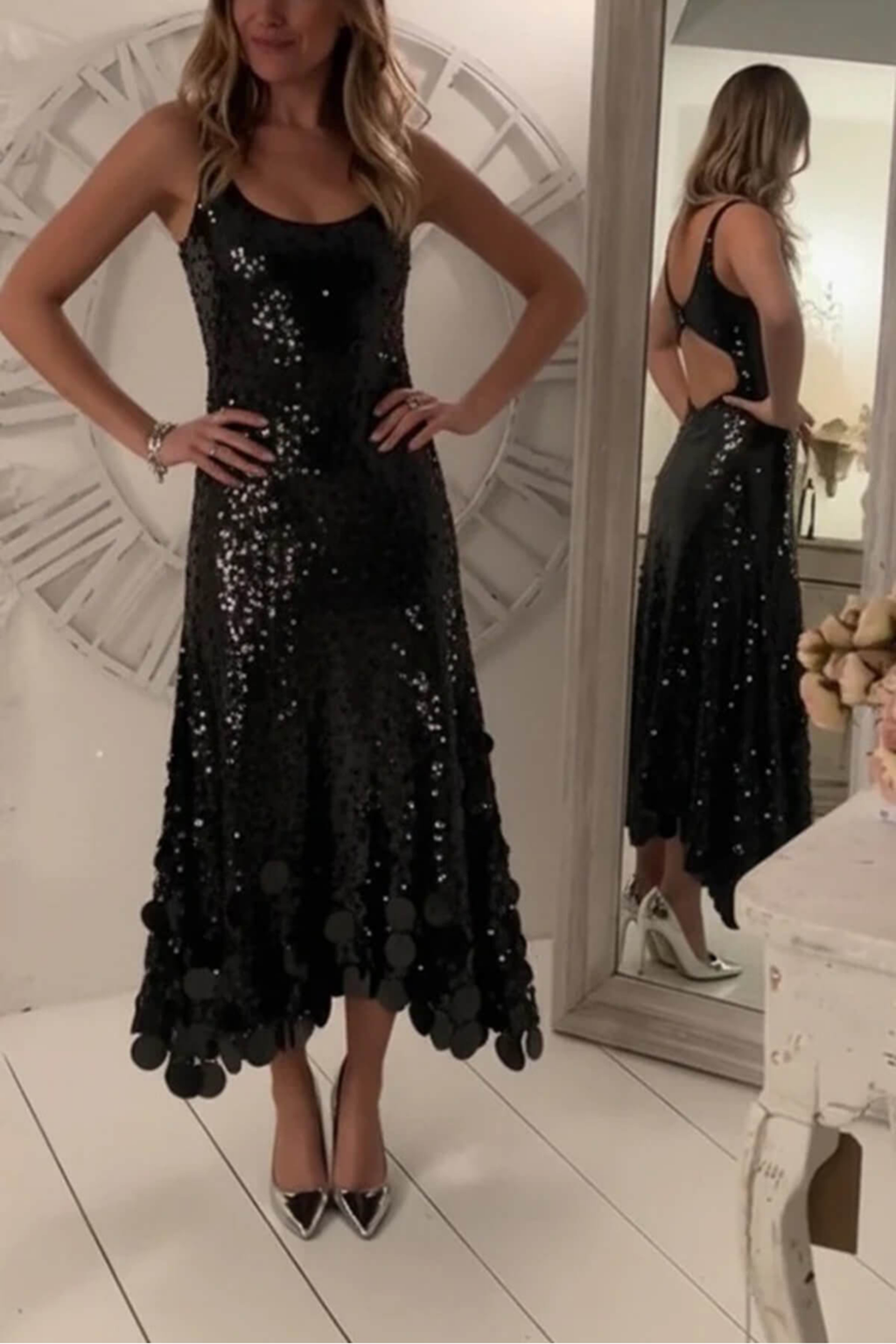 Sequin Tassel Hem Back Cutout Maxi Dress