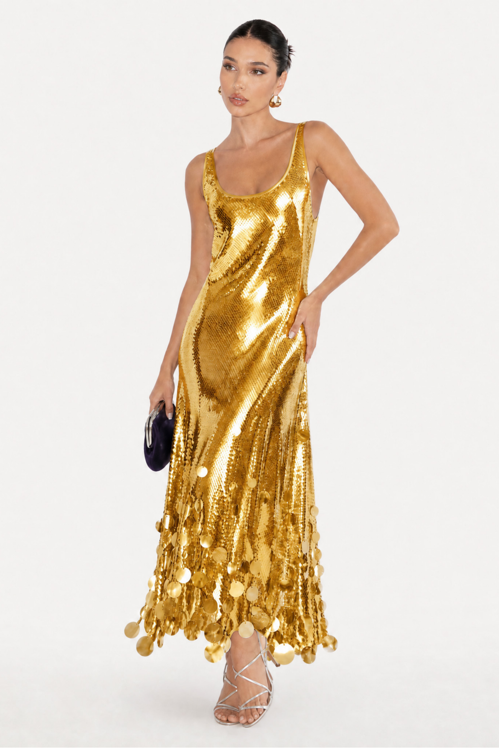 Sequin Tassel Hem Back Cutout Maxi Dress