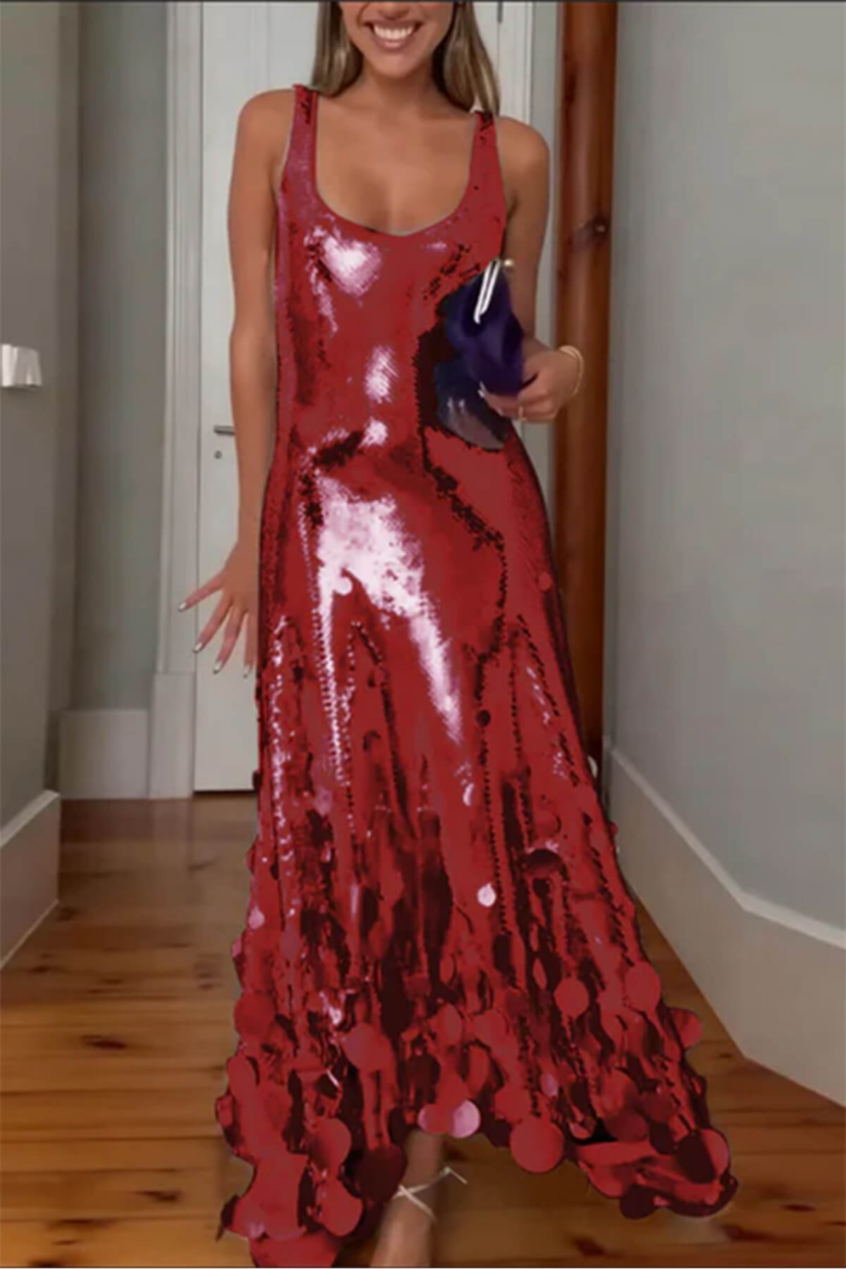 Sequin Tassel Hem Back Cutout Maxi Dress