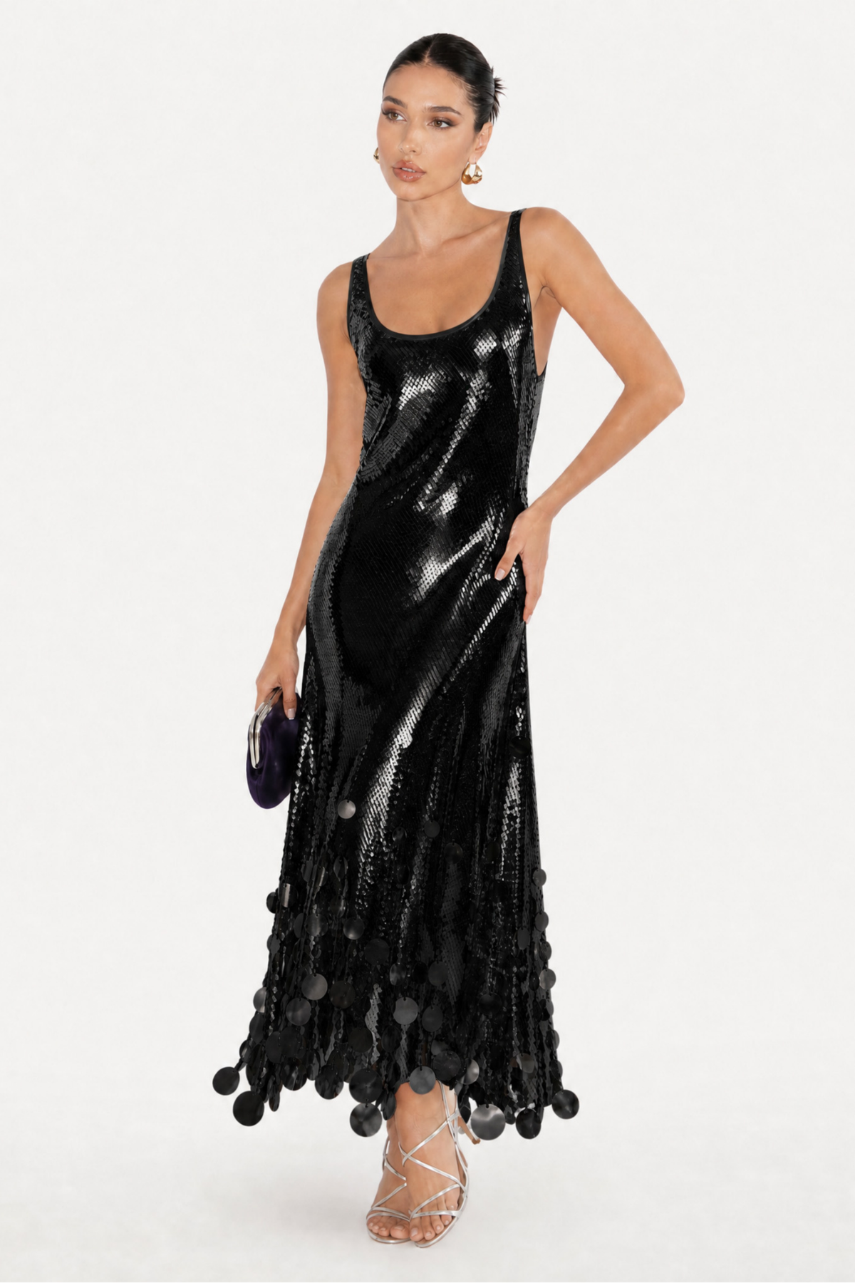 Sequin Tassel Hem Back Cutout Maxi Dress