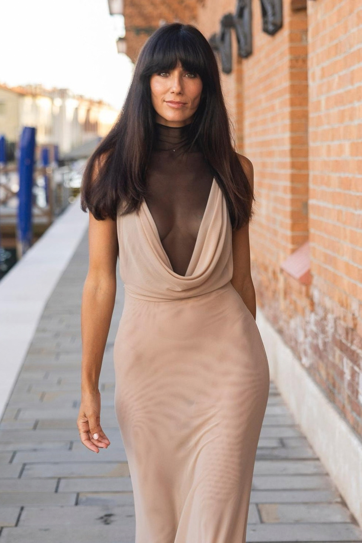 Sheer Cowl Front Mock Neck Maxi Dress