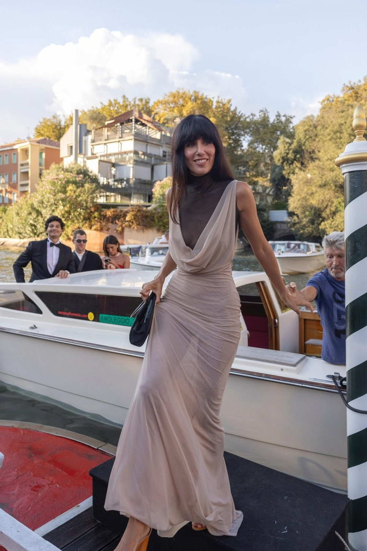 Sheer Cowl Front Mock Neck Maxi Dress