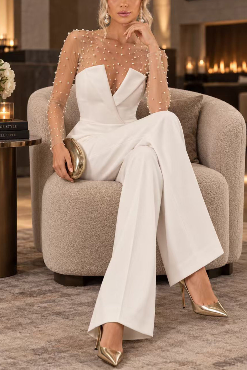 Strapless V Neck Wide Leg Jumpsuit