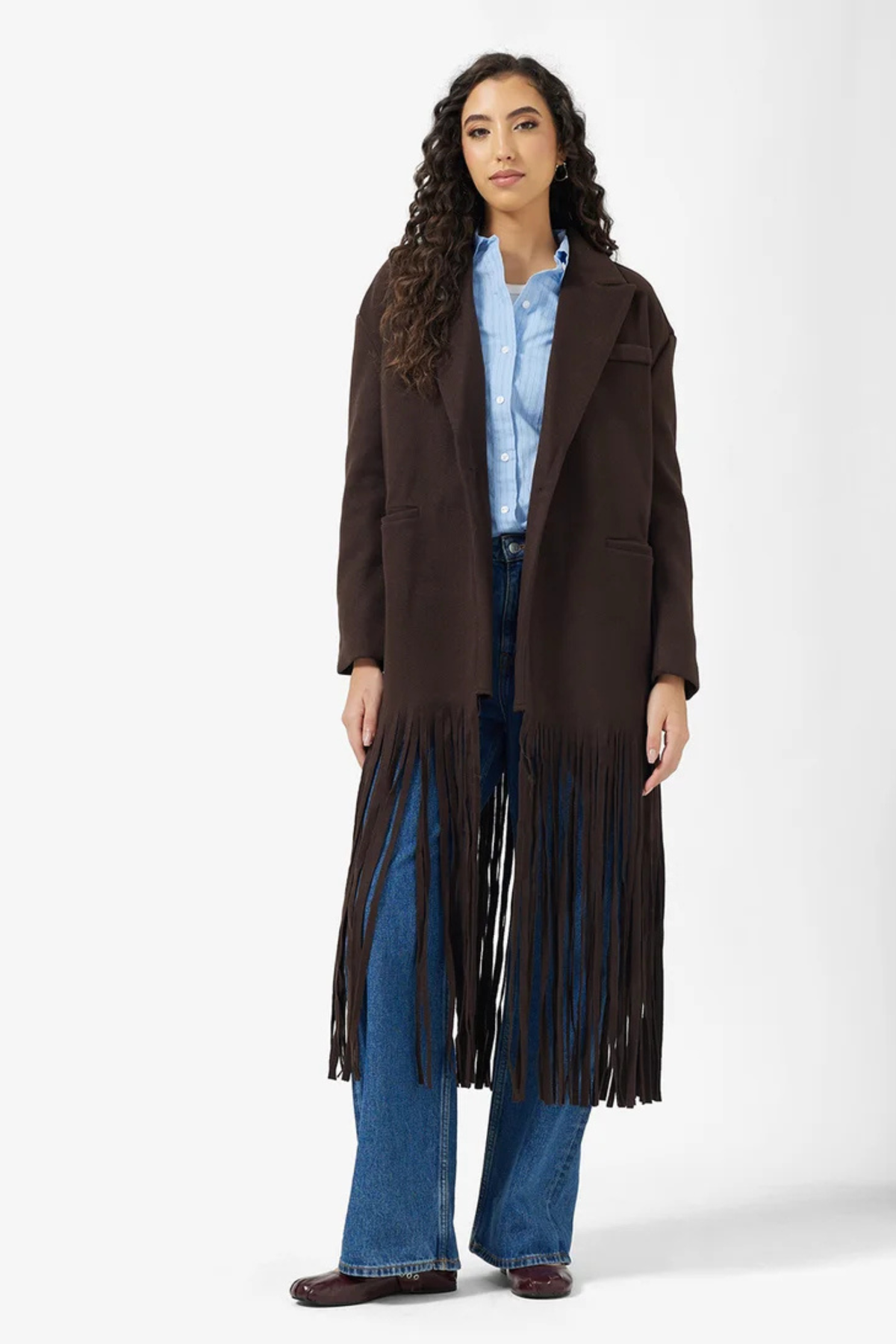 Tassel Trim Lapel Midi Coat