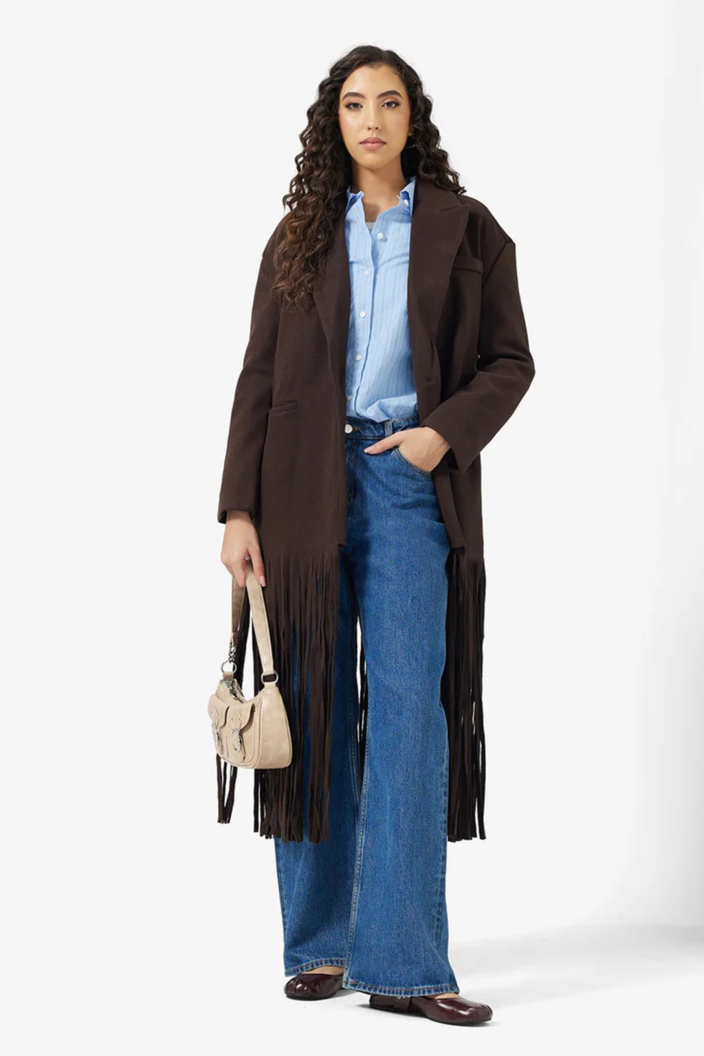 Tassel Trim Lapel Midi Coat