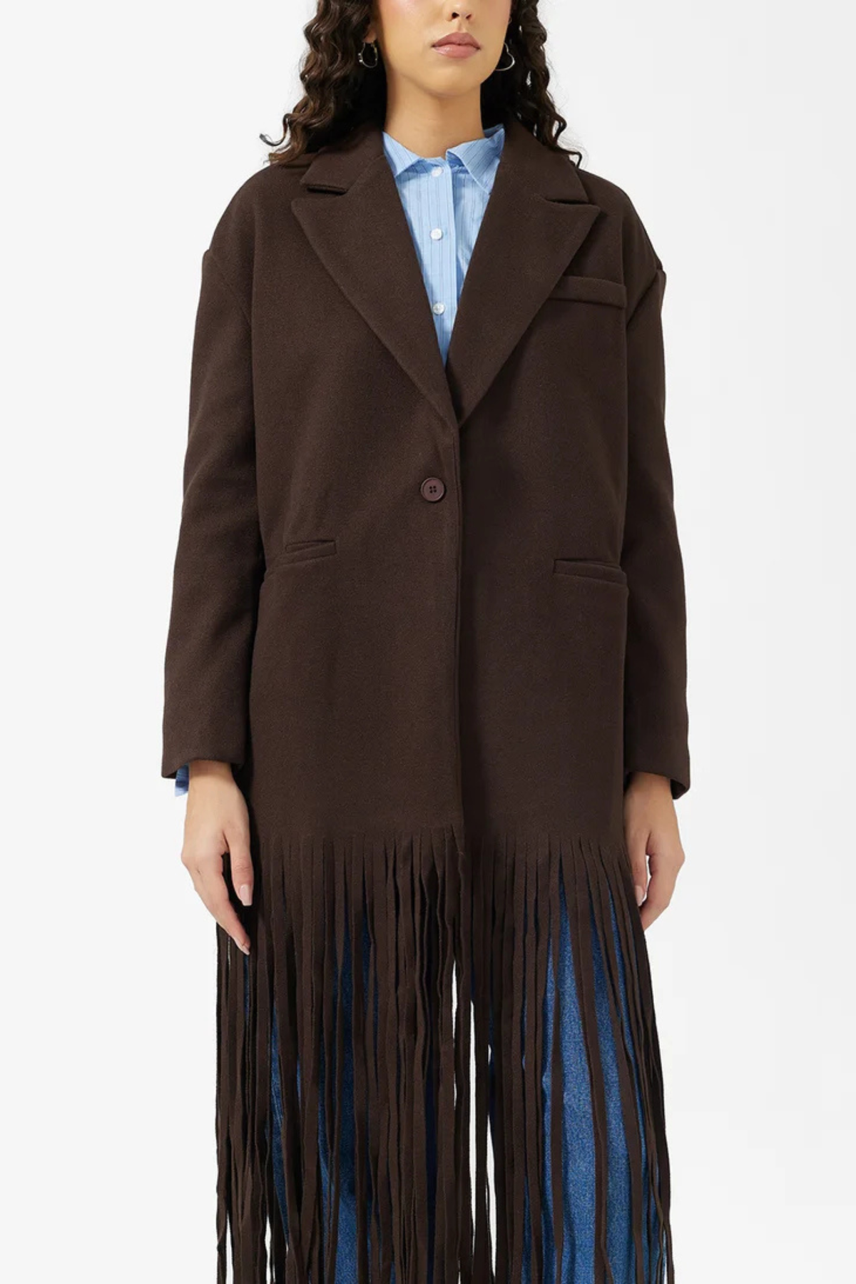 Tassel Trim Lapel Midi Coat