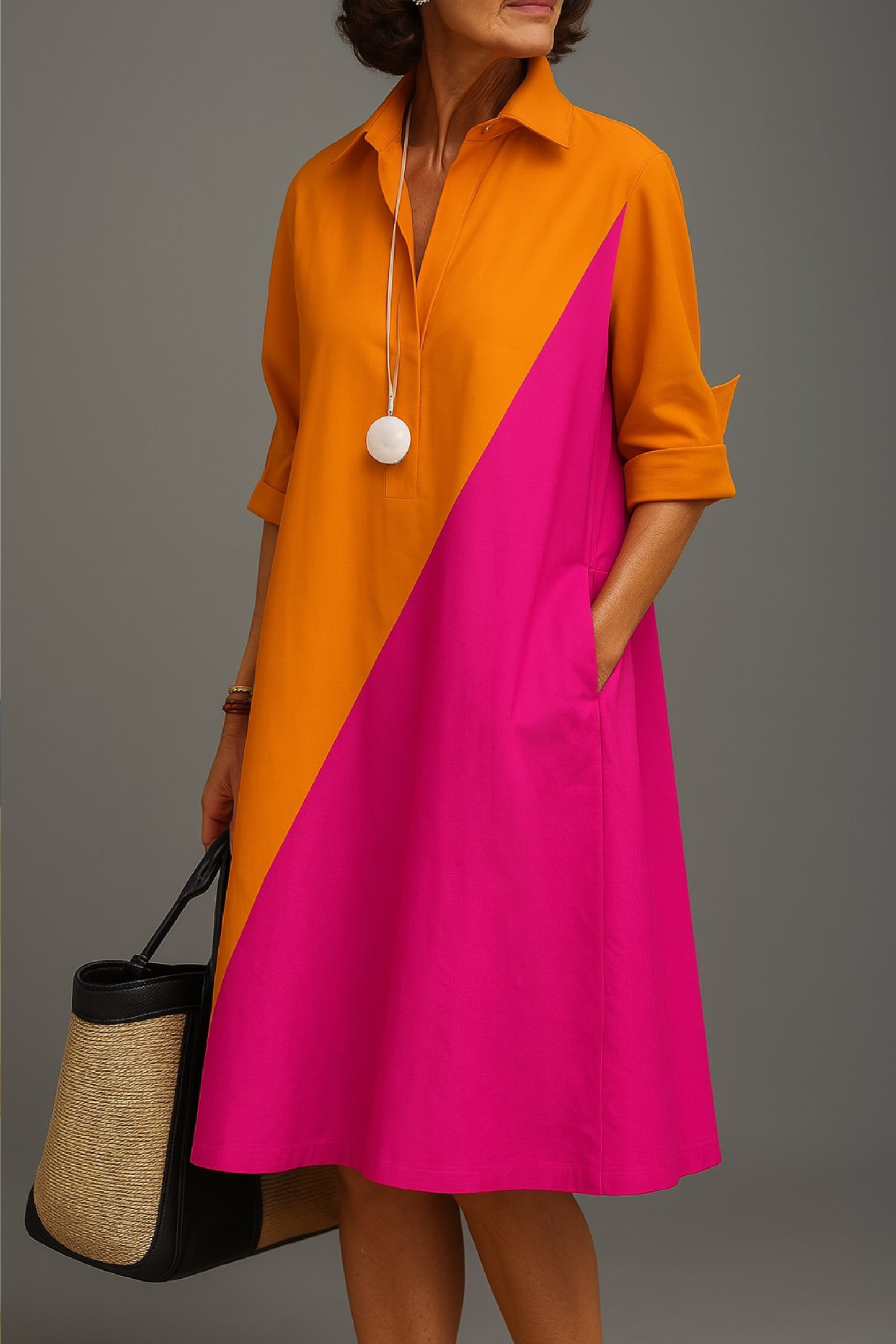 Diagonal Colorblock Cotton Midi Dress
