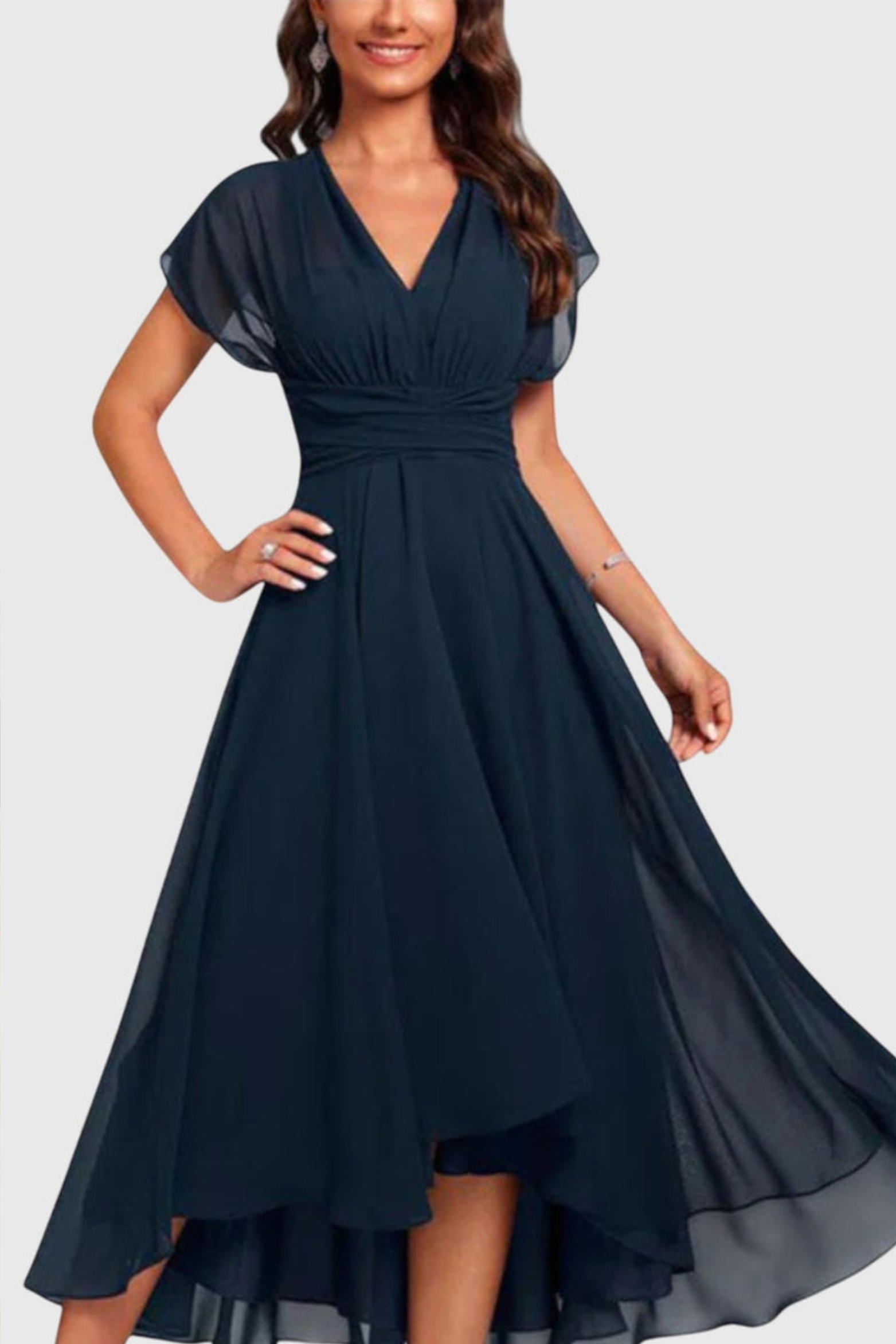 Flattering Wrap Style V Neck Midi Dress