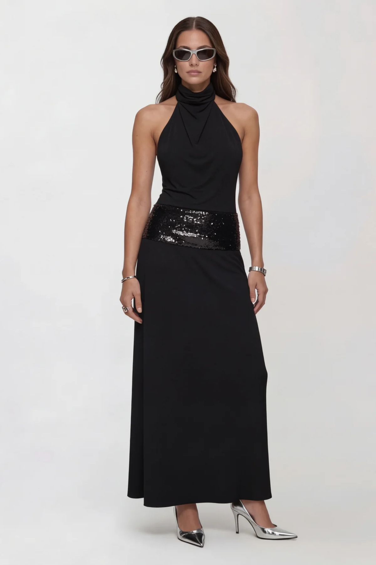 Midnight Noir Halter Dress, Black / L