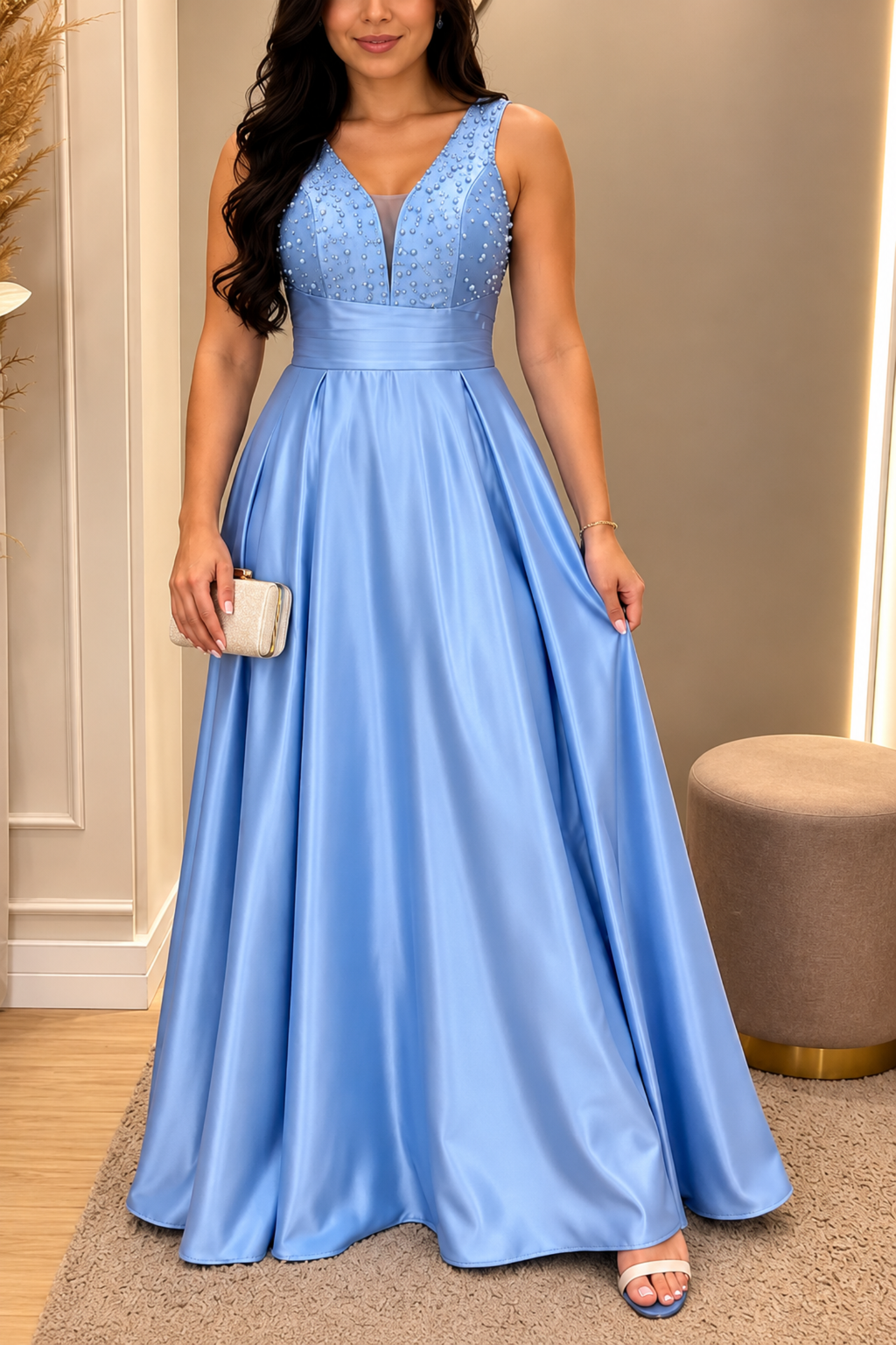 V Neck Beaded Pleated Hem Maxi Gown