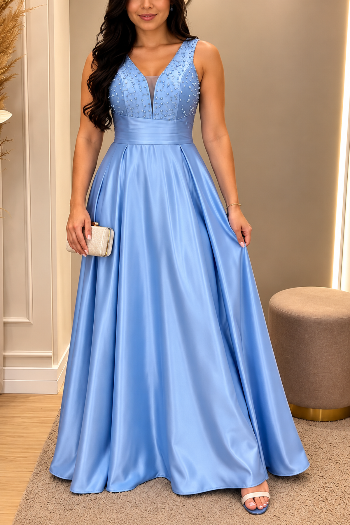 V Neck Beaded Pleated Hem Maxi Gown
